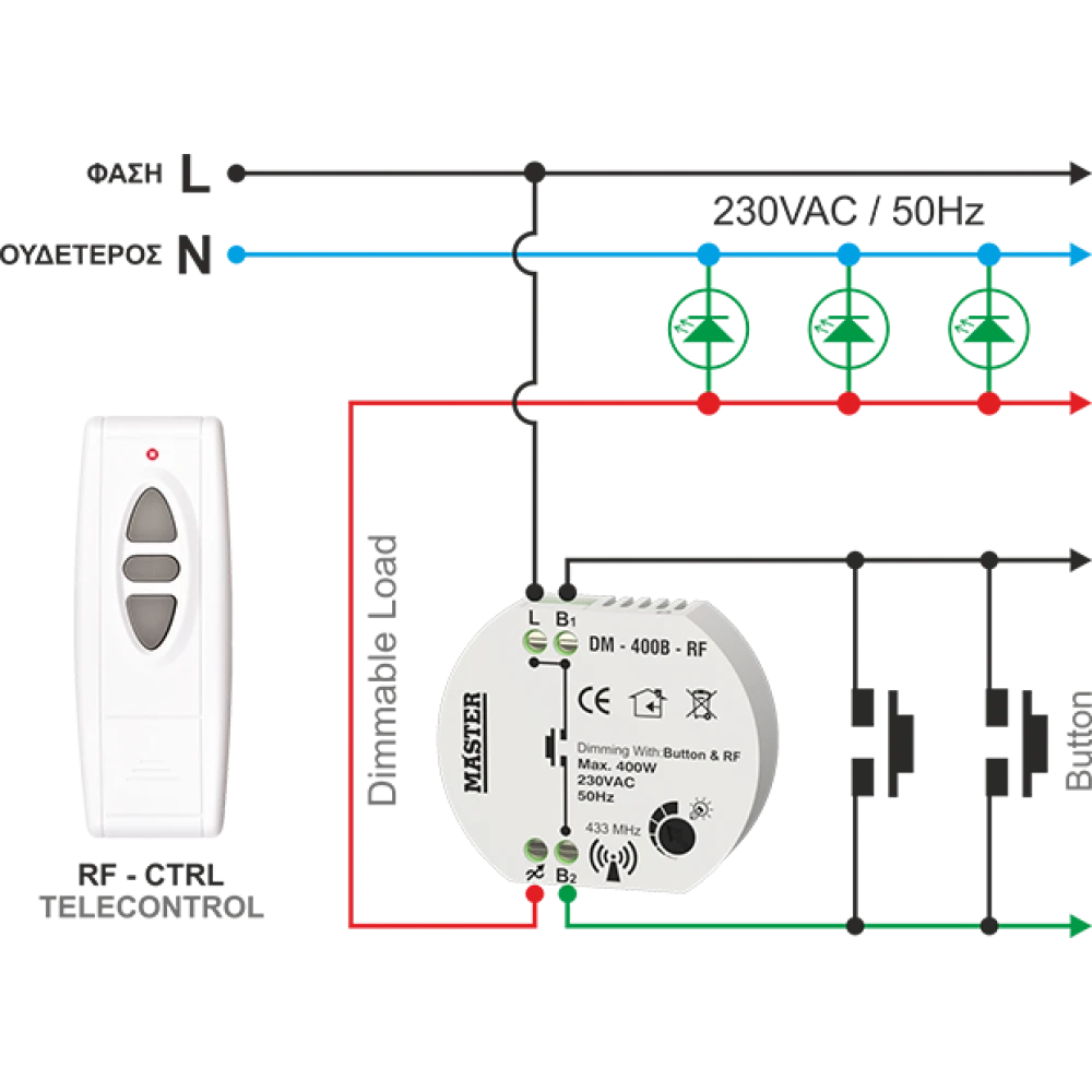 MASTER DIMMER KYTIOY 400W LED (ΤΗΛΕΧΕΙΡΙΣΜΟΣ BUTTON & RF) DM-400B-RF