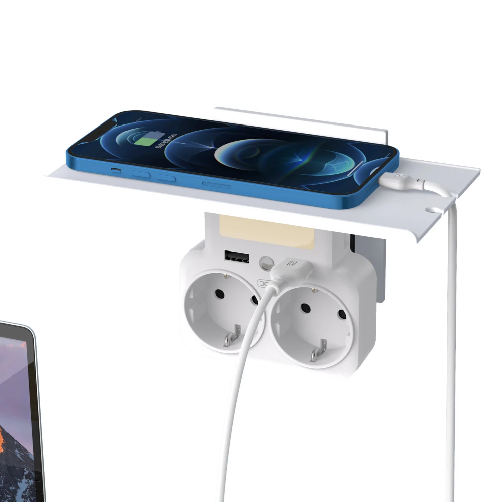 XO WL09 adaptor από 1 σούκο πρίζα σε 2 σούκο 16A με φως νυκτός + 2x USB A+βάση τοποθέτησης κινητού