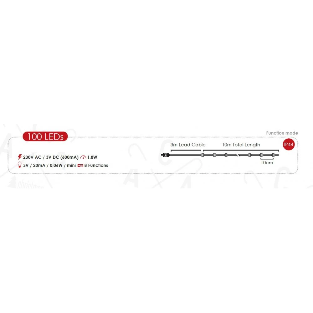 Fairy Lights Σειρά 100 LED Mini Λαμπάκια Ρεύματος , Χρυσό Καλώδιο Χαλκού Και 8 Προγράμματα, Θερμό Λευκό 13m 1.8W IP44 - ACA Christmas