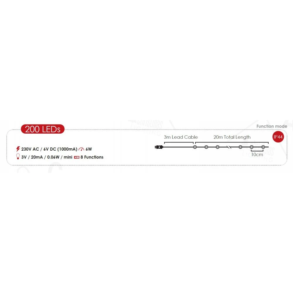 Fairy Lights 200 LED Mini Λαμπάκια σε Σειρά Ρεύματος , Ασημί Καλώδιο Χαλκού Και 8 Προγράμματα, RGBY 23m 6W IP44 - ACA Christmas
