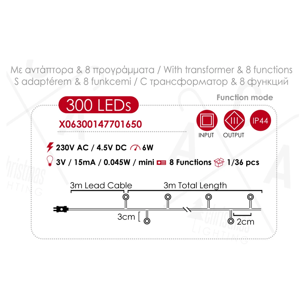 Fairy Lights 300 CLUSTER LED Λαμπάκια σε Σειρά Ρεύματος , Μαύρο Καλώδιο Χαλκού Και 8 Προγράμματα, Θερμό Λευκό 3m+3m 6W IP44 - ACA Christmas