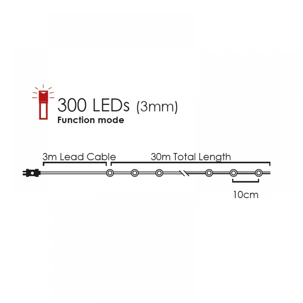 Fairy Lights 300 LED Λαμπάκια σε Σειρά Ρεύματος , Χάλκινο Καλώδιο Χαλκού Και 8 Προγράμματα, Θερμό Λευκό 30m+3m 7.2W IP44 - ACA Christmas