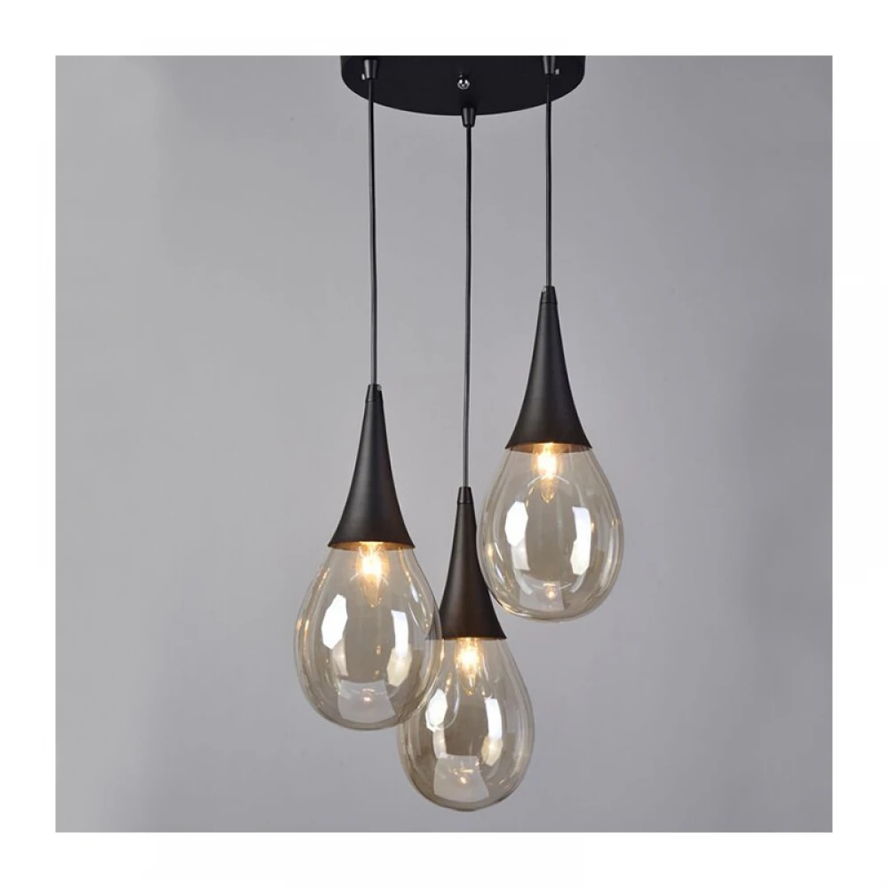 Μεταλλικό Κρεμαστό Φωτιστικό Μαύρο Με Γυαλί Κεχριμπάρι Σε Σχήμα Σταγόνας 3xE14 ø41cm ATENA - Aca Decor