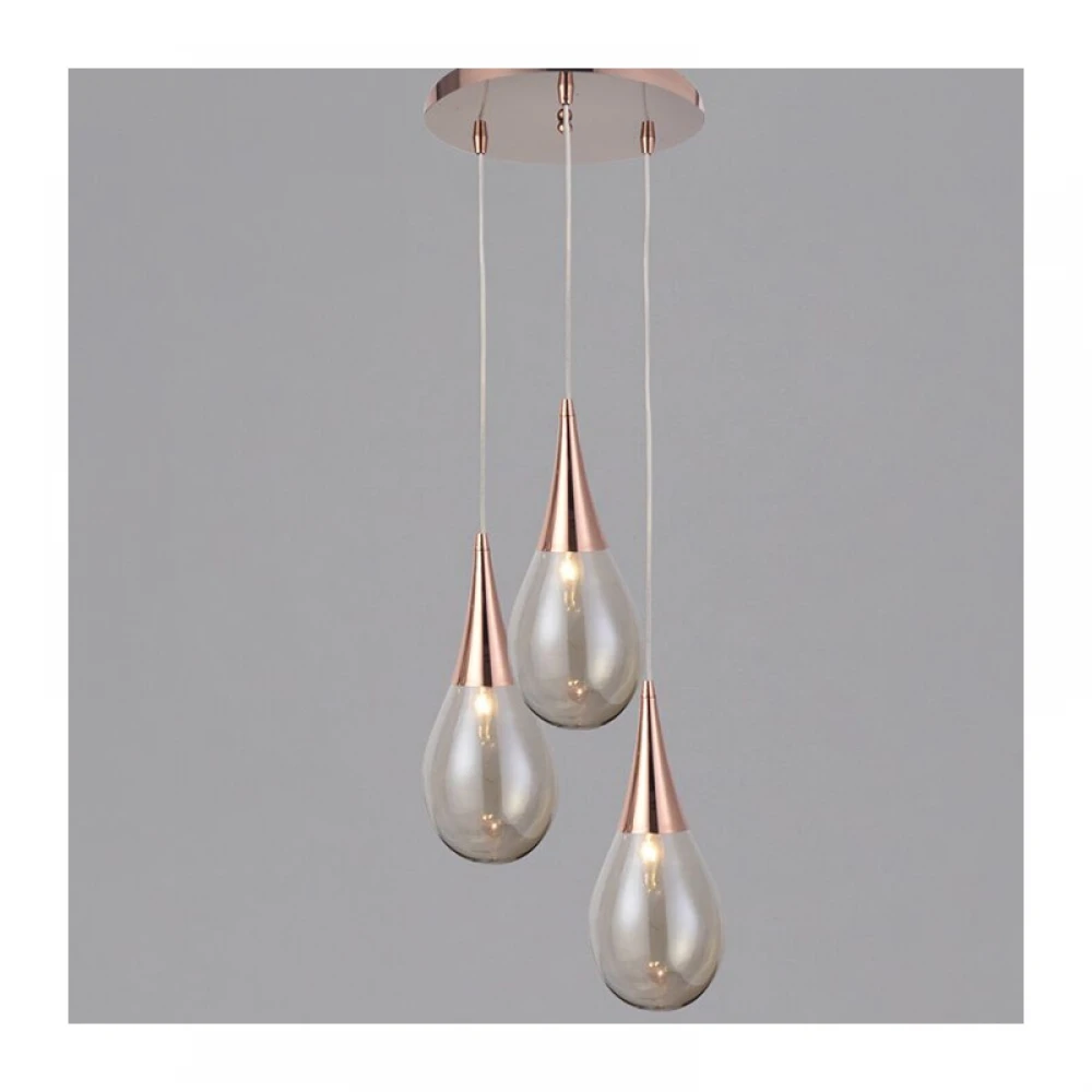 Μεταλλικό Κρεμαστό Φωτιστικό Χάλκινο Με Γυαλί Κεχριμπάρι Σε Σχήμα Σταγόνας 3xE14 ø41cm ATENA - Aca Decor