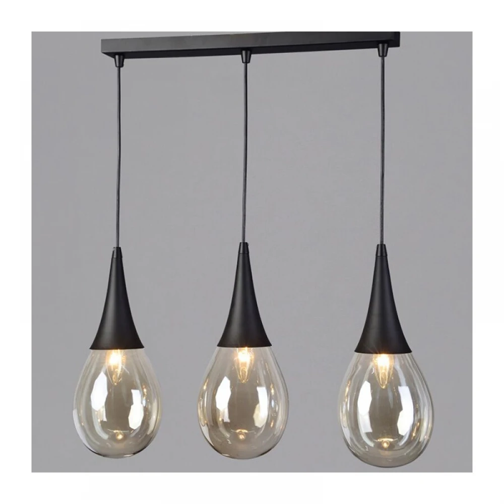 Μεταλλικό Κρεμαστό Φωτιστικό Μαύρο Με Γυαλί Κεχριμπάρι Σε Σχήμα Σταγόνας 3xE14 ATENA - ACA DECOR