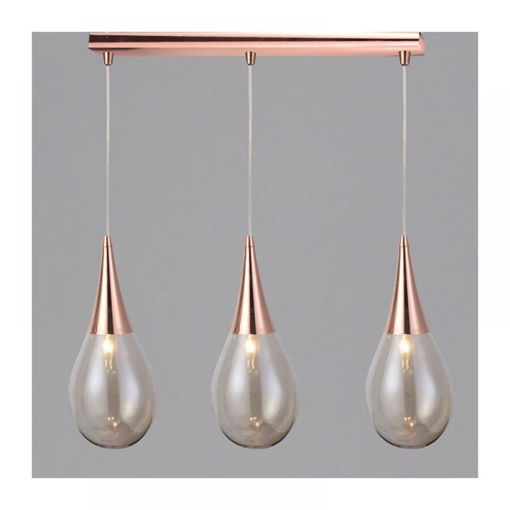 Μεταλλικό Κρεμαστό Φωτιστικό Χάλκινο Με Γυαλί Κεχριμπάρι Σε Σχήμα Σταγόνας 3xE14 ATENA - ACA DECOR