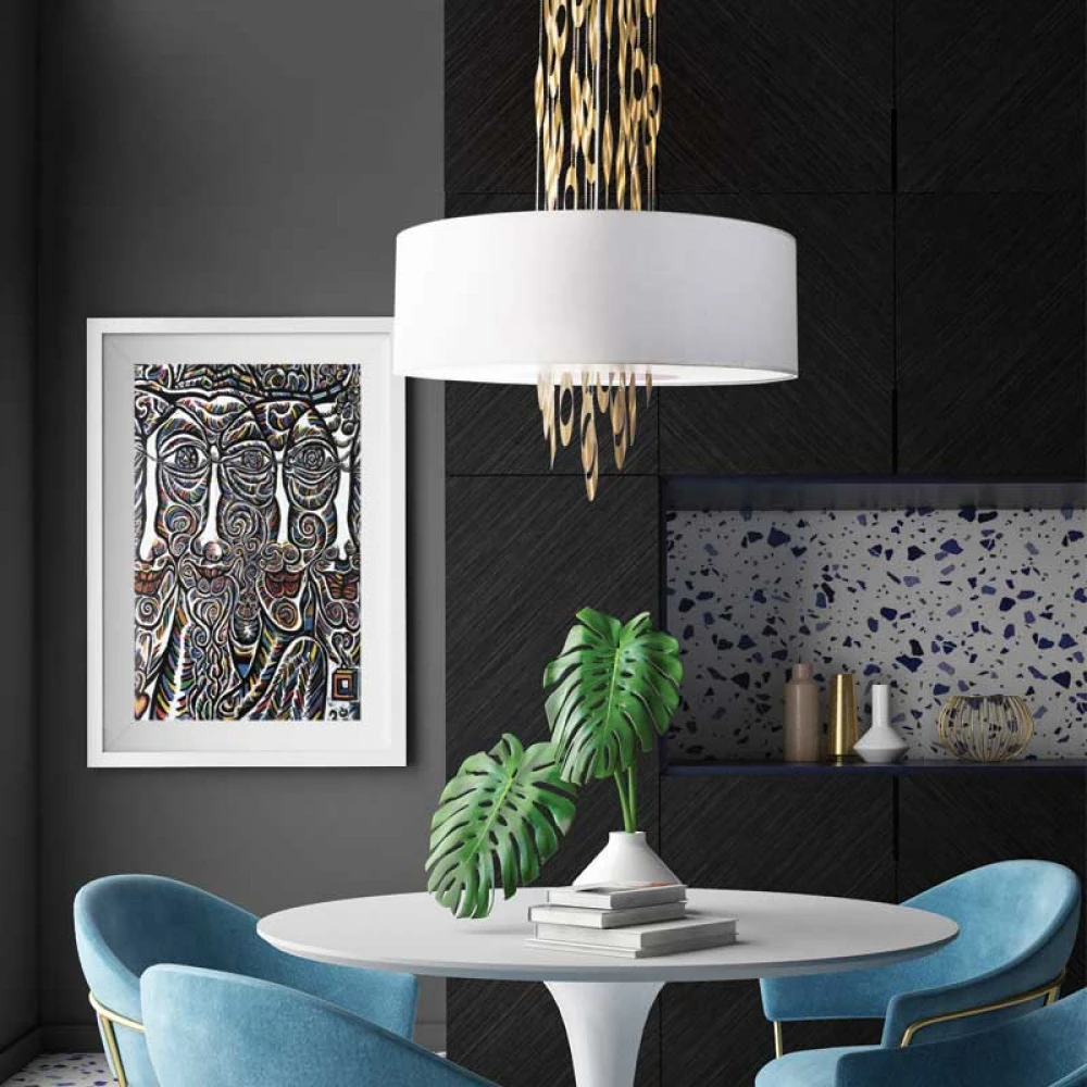 Κρεμαστό Φωτιστικό Οροφής Πολύφωτο Από Μέταλλο Και Υφασμάτινο Καπέλο Χρυσό 5xE14 CASCADA - Aca Decor