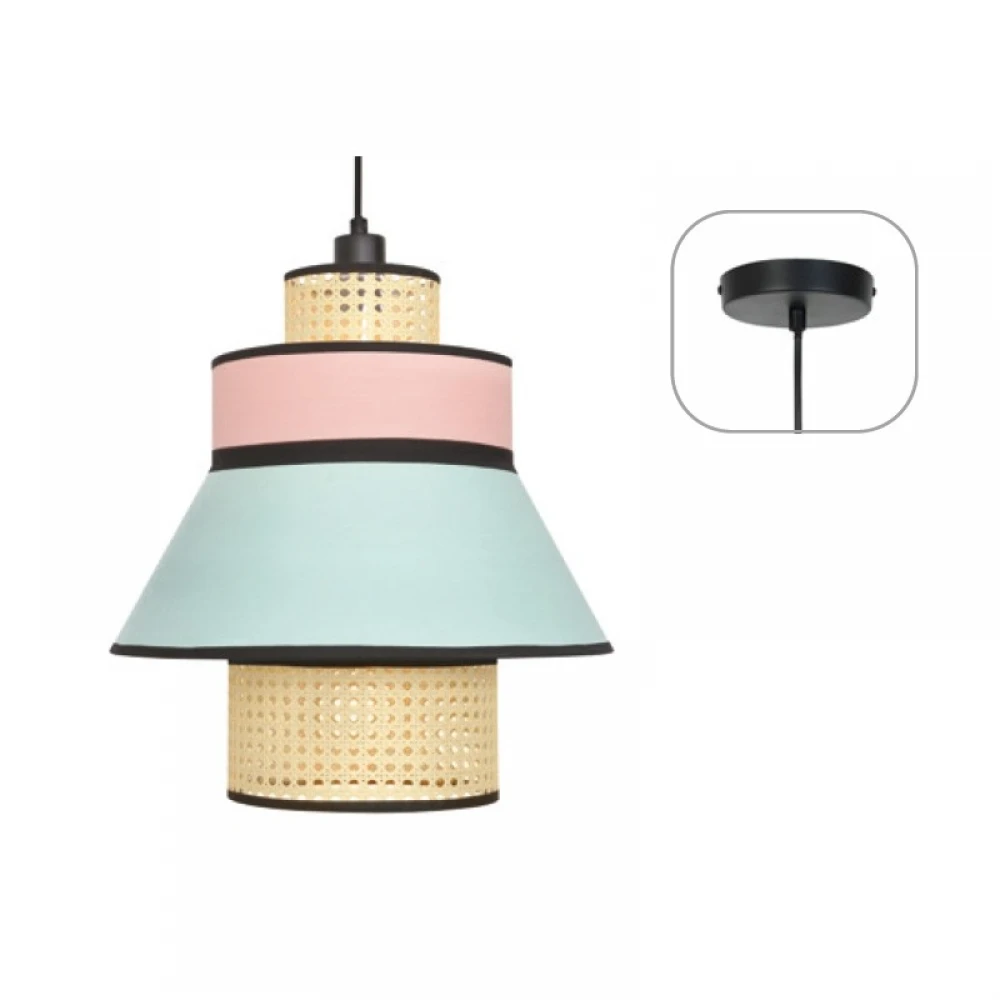 Κρεμαστό Φωτιστικό Μονόφωτο JAPAN Ροζ-Μέντα Ύφασμα και Ψάθα Ραττάν 1xE27 NISYROS - Aca Decor