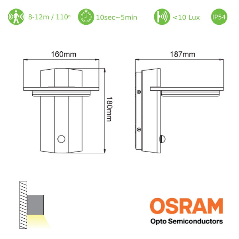 OSRAM LED Απλίκα Εξωτερικού Χώρου Σε Σκούρο Γκρι Με Αισθητήρα Κίνησης 7W IP54 VALLE - ACA