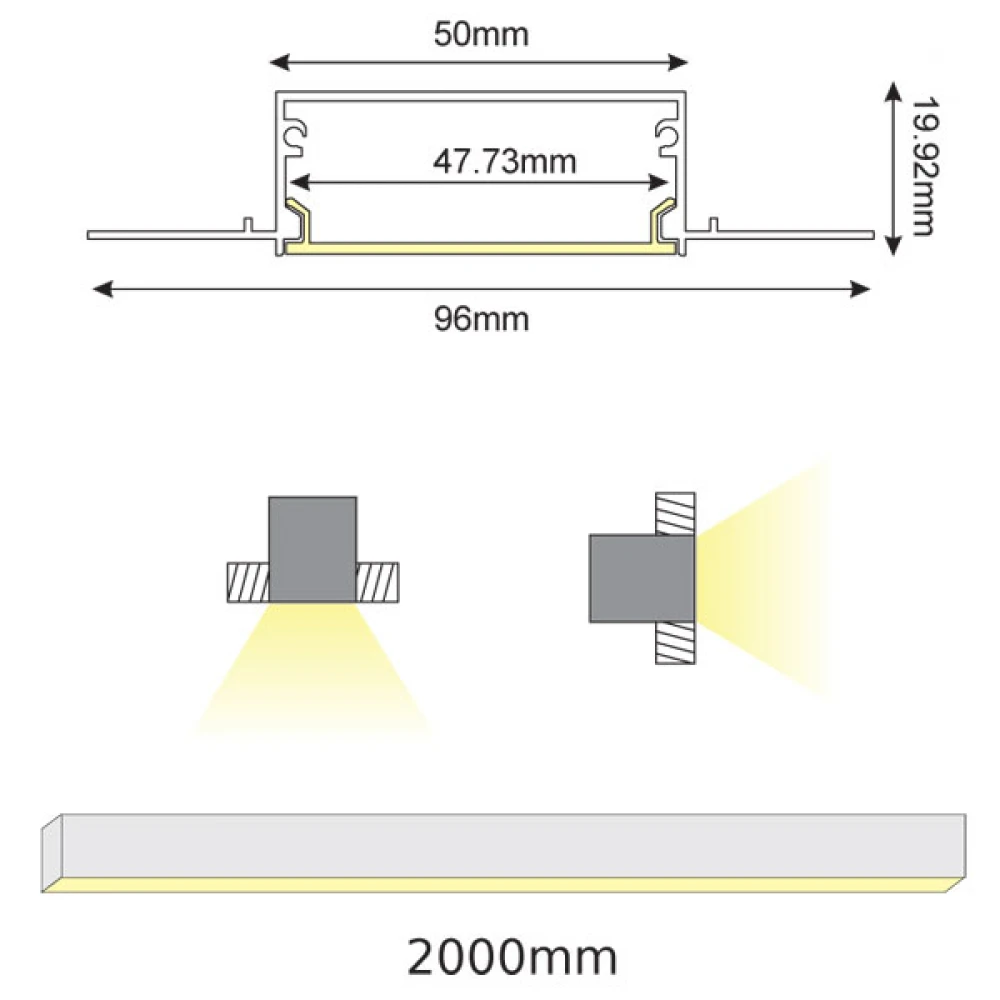 2 Μέτρα Προφίλ Αλουμινίου Με Οπάλ Κάλυμμα Χωνευτό Trimless TEXA P234 - ACA