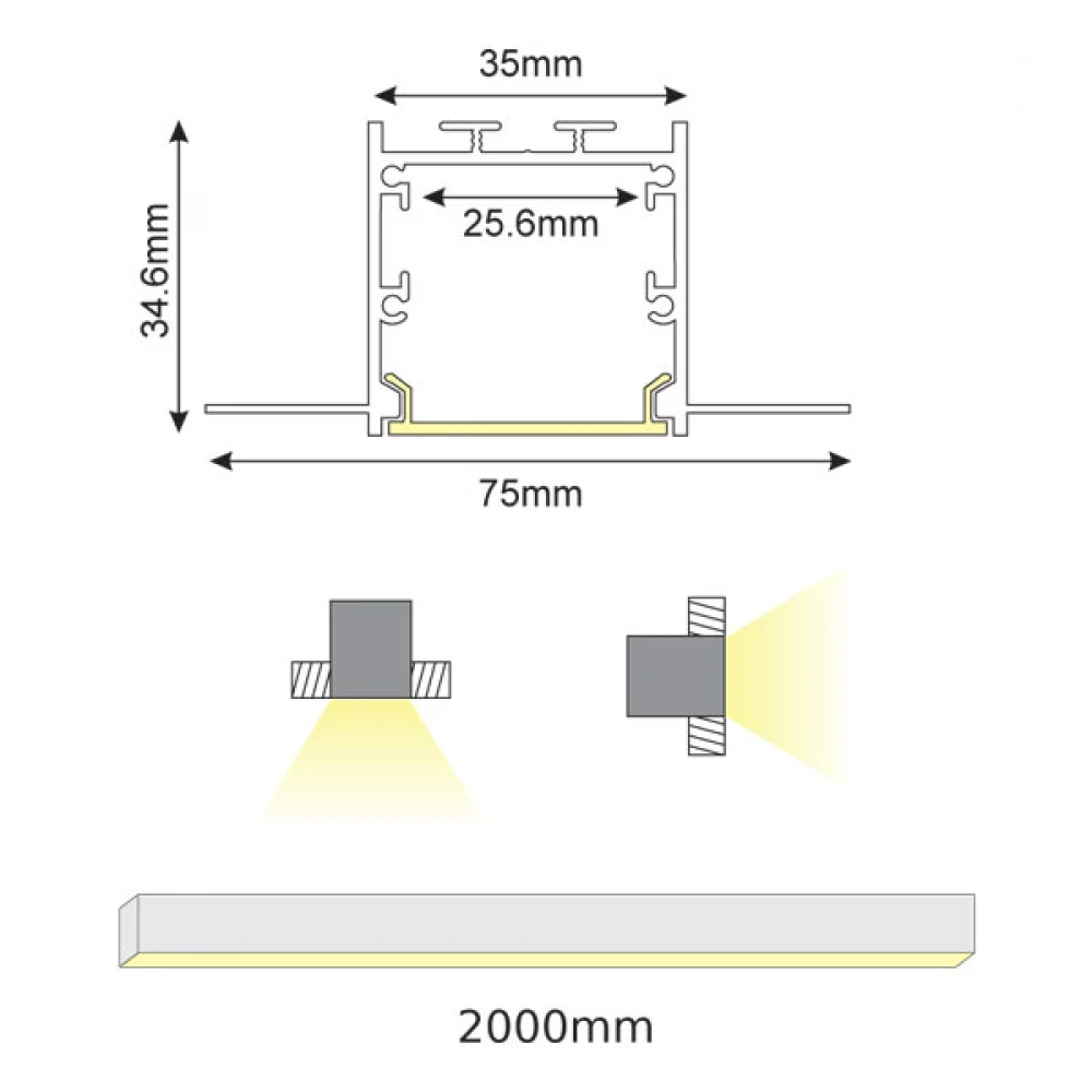 2 Μέτρα Προφίλ Αλουμινίου Με Οπάλ Κάλυμμα Χωνευτό Trimless WINT P235 - ACA