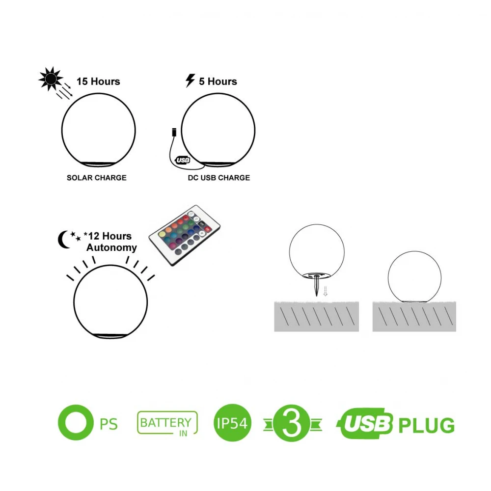 ΗΛΙΑΚΗ/ΕΠΑΝΑΦΟΡΤΙΖΟΜΕΝΗ RGBW LED ΜΠΑΛΑ D25cm IP54 LiFePO4 1800mAh ACA