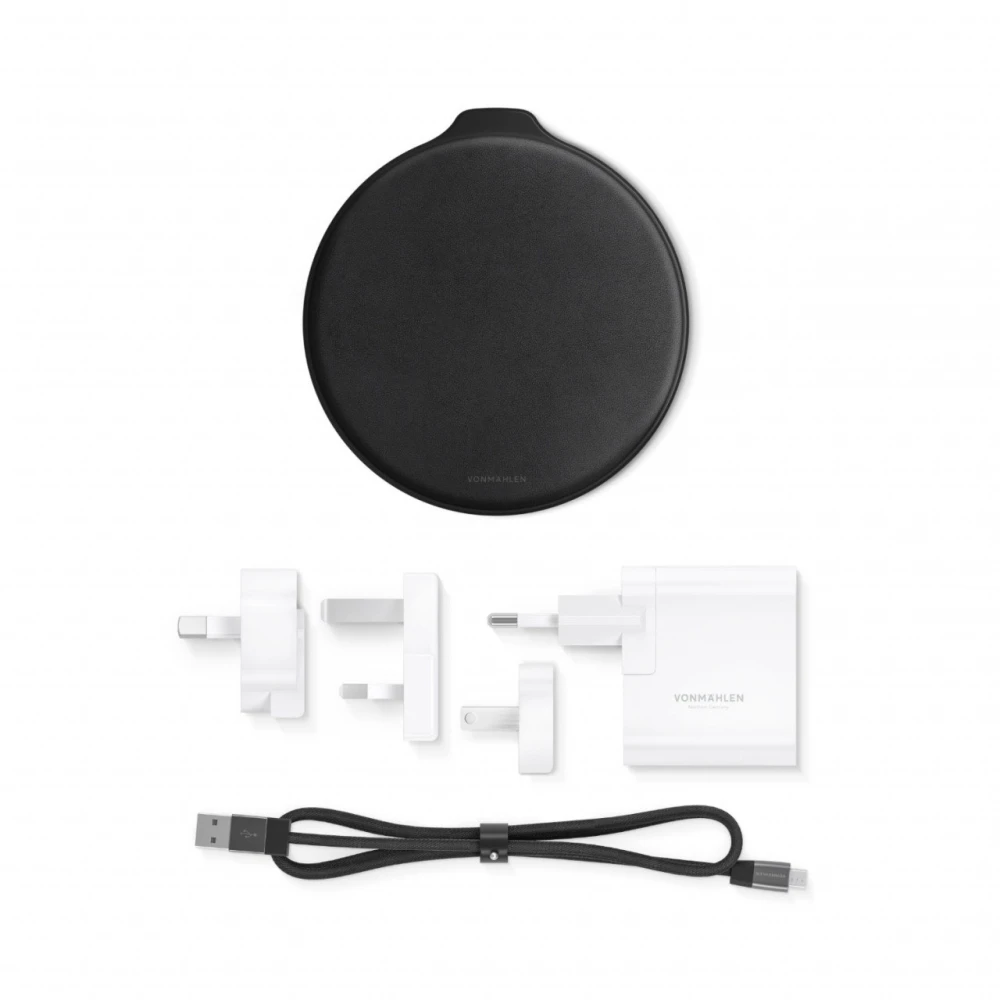 Vonmählen Βάση Ασύρματης Φόρτισης Qi από Δερματίνη με Φορτιστή Ταξιδιού και Καλώδιο 2 μέτρων – Black