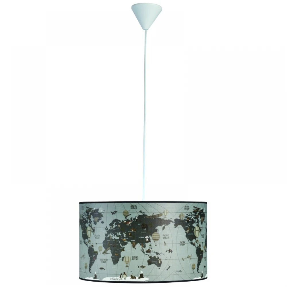 Φωτιστικό Μονόφωτο Παιδικό Αμπαζούρ, ύφασμα με σχέδιο υδρόγειο σε γκρι απόχρωση Ε27 Φ40 - Arkolight
