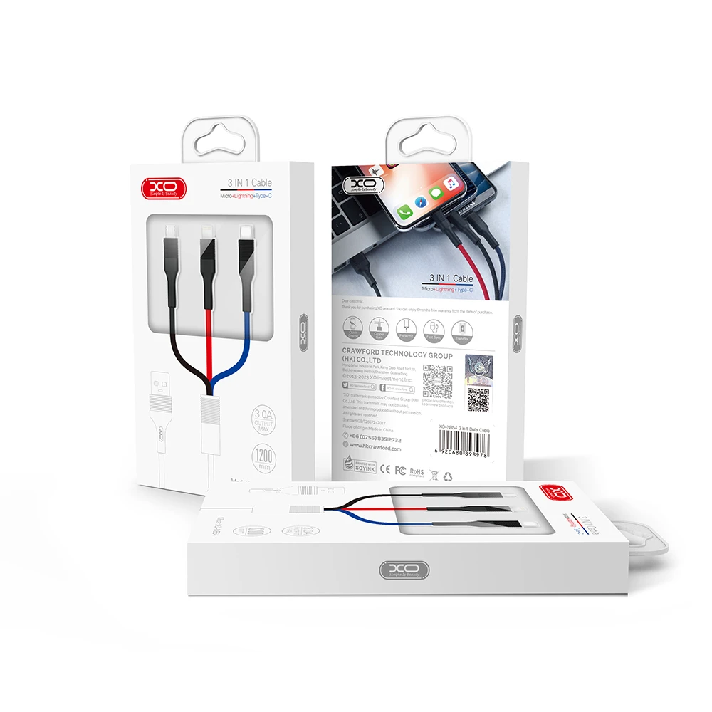 XO NB54 καλώδιο φόρτισης  3 σε 1  από USB A  σε  Lightning + Type C + Micro USB 1.2m