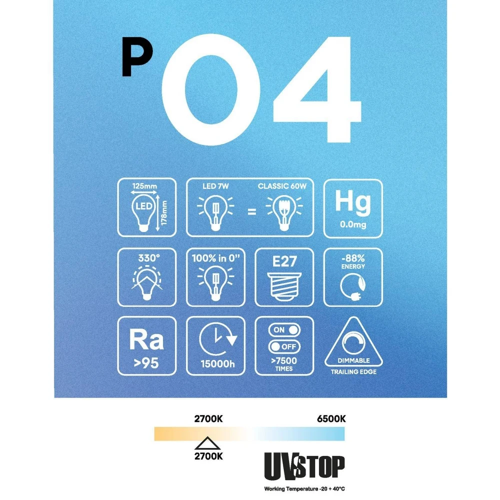 LED Λαμπτήρας E27 CRI 95 Γλόμπος G125 7W 2700K Dimmable - P04