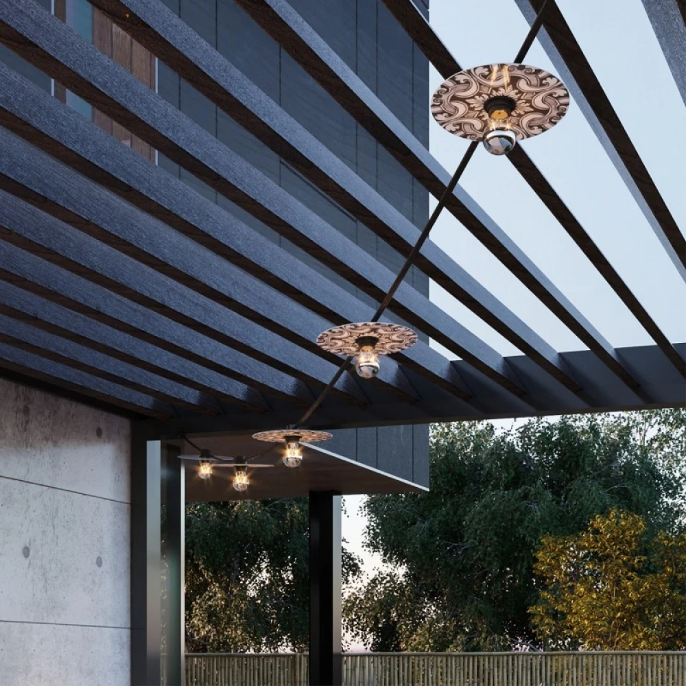 Γιρλάντα Lumet 'Maioliche' έτοιμη για χρήση, 7,5m υφασμάτινο καλώδιο πλακέ με 5 ντουί, καπέλα φωτιστικών, γάντζο και φις - Majolica Λευκό - Μαύρο - Creative Cables