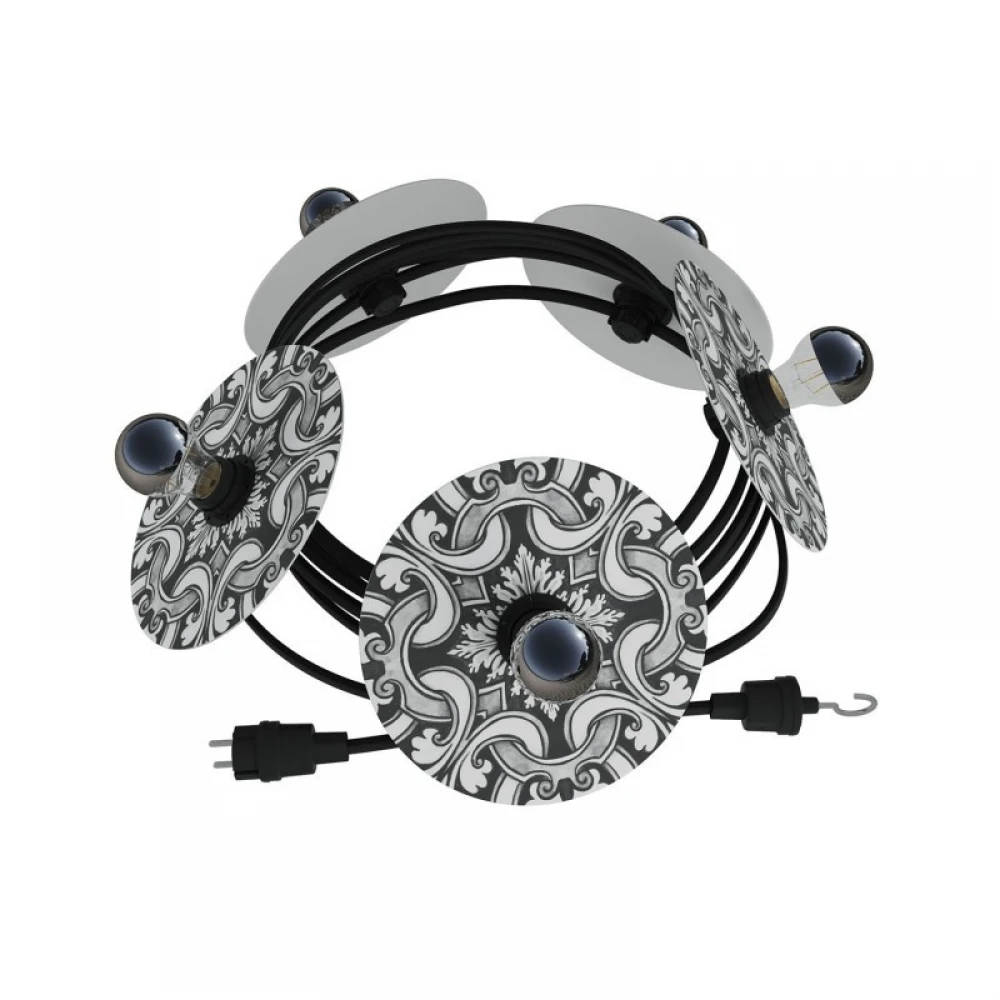 Γιρλάντα Lumet 'Maioliche' έτοιμη για χρήση, 7,5m υφασμάτινο καλώδιο πλακέ με 5 ντουί, καπέλα φωτιστικών, γάντζο και φις - Majolica Λευκό - Μαύρο - Creative Cables