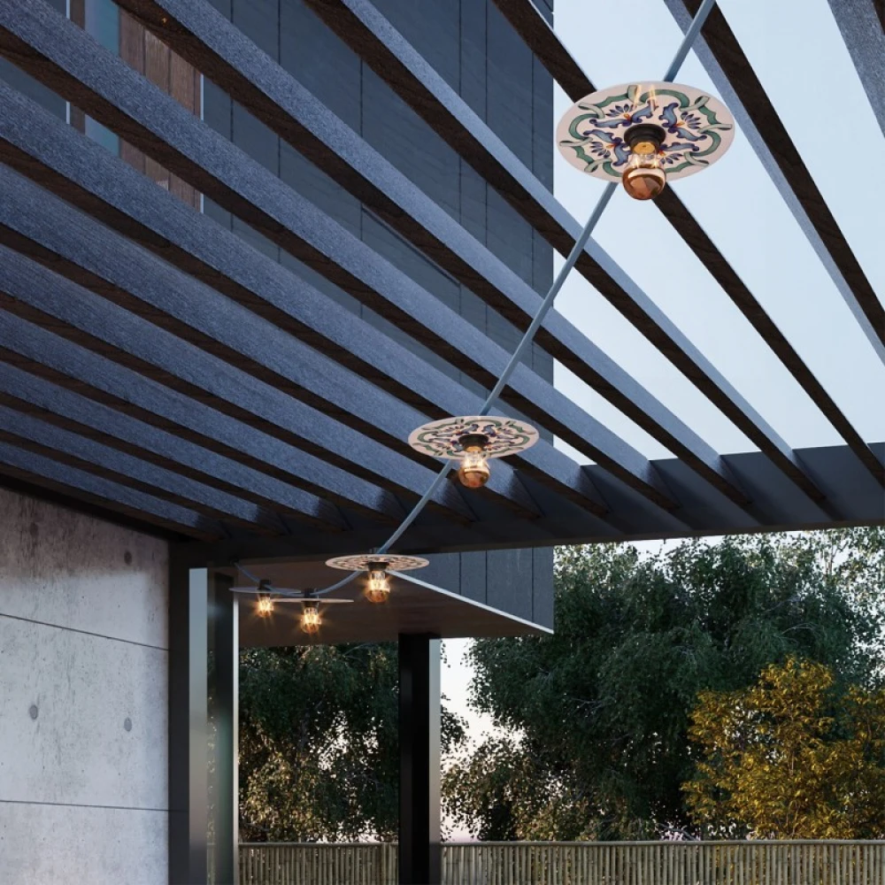 Γιρλάντα Lumet 'Maioliche' έτοιμη για χρήση, 7,5m υφασμάτινο καλώδιο πλακέ με 5 ντουί, καπέλα φωτιστικών, γάντζο και φις - Majolica Μπλε - Creative Cables