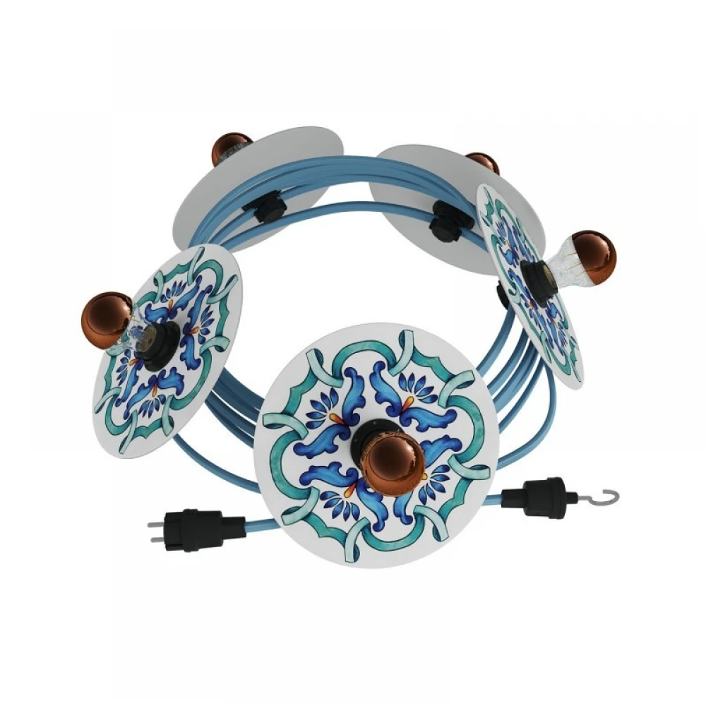 Γιρλάντα Lumet 'Maioliche' έτοιμη για χρήση, 7,5m υφασμάτινο καλώδιο πλακέ με 5 ντουί, καπέλα φωτιστικών, γάντζο και φις - Majolica Μπλε - Creative Cables