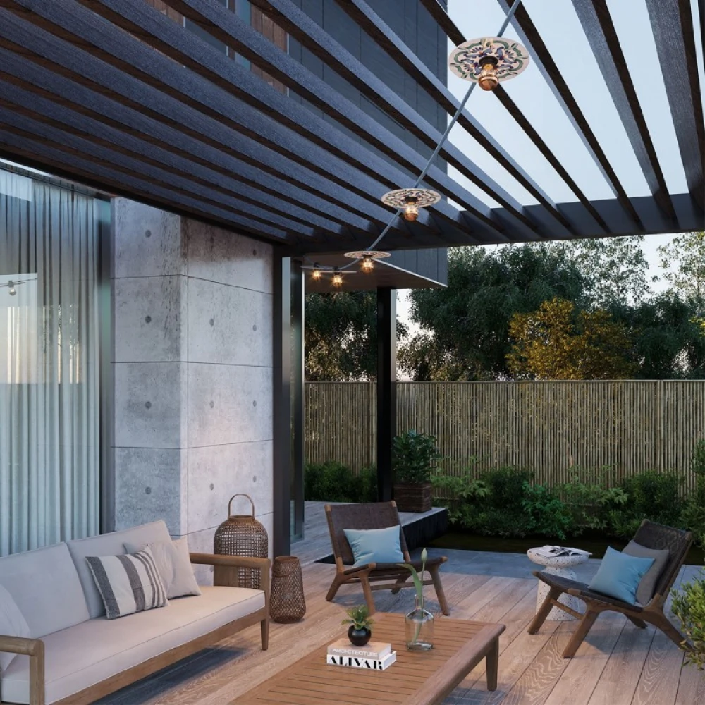 Γιρλάντα Lumet 'Maioliche' έτοιμη για χρήση, 7,5m υφασμάτινο καλώδιο πλακέ με 5 ντουί, καπέλα φωτιστικών, γάντζο και φις - Majolica Μπλε - Creative Cables