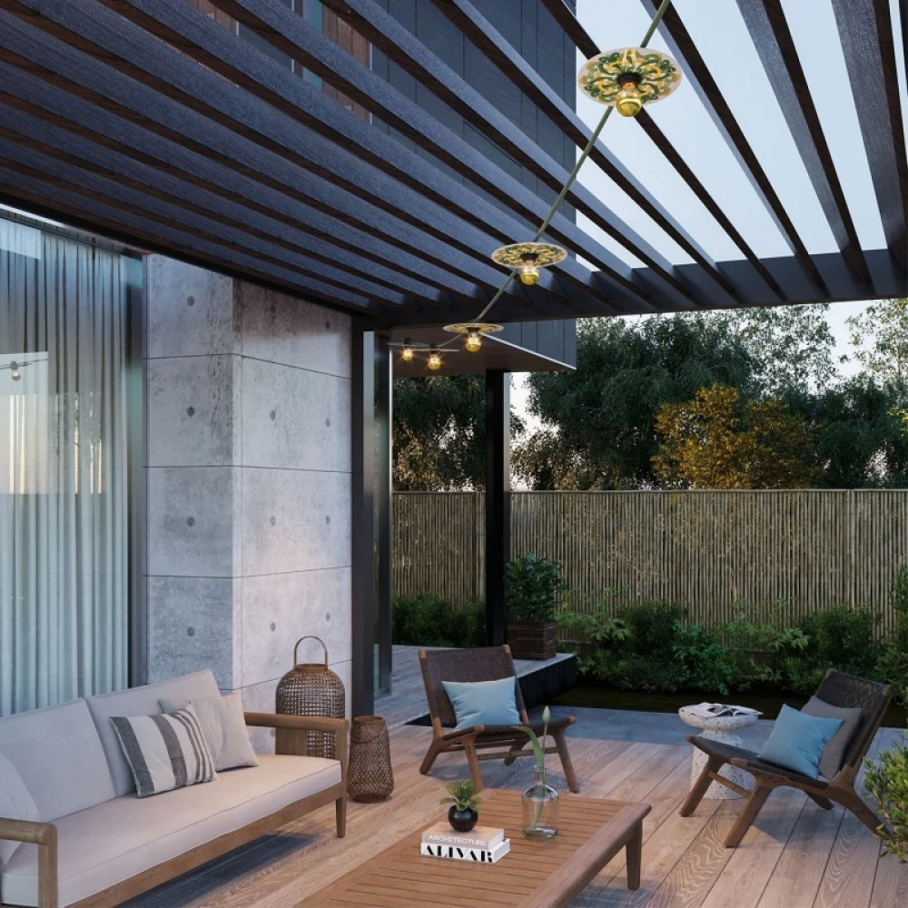 Γιρλάντα Lumet 'Maioliche' έτοιμη για χρήση, 7,5m υφασμάτινο καλώδιο πλακέ με 5 ντουί, καπέλα φωτιστικών, γάντζο και φις - Majolica Κίτρινο-Πράσινο - Creative Cables