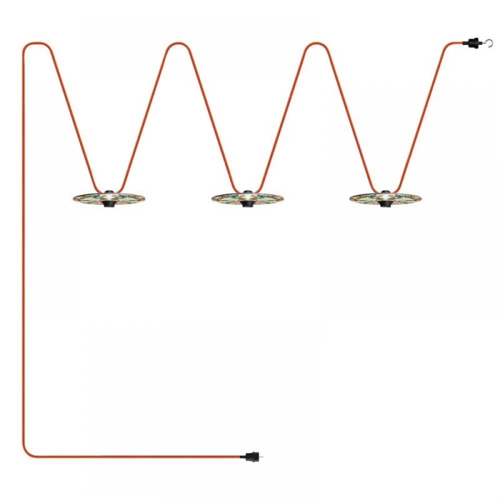 Γιρλάντα Lumet 'Maioliche' έτοιμη για χρήση, 10m υφασμάτινο καλώδιο πλακέ με 3 ντουί, καπέλα φωτιστικών, γάντζο και φις- Majolica Κόκκινο-Πράσινο - Creative Cables