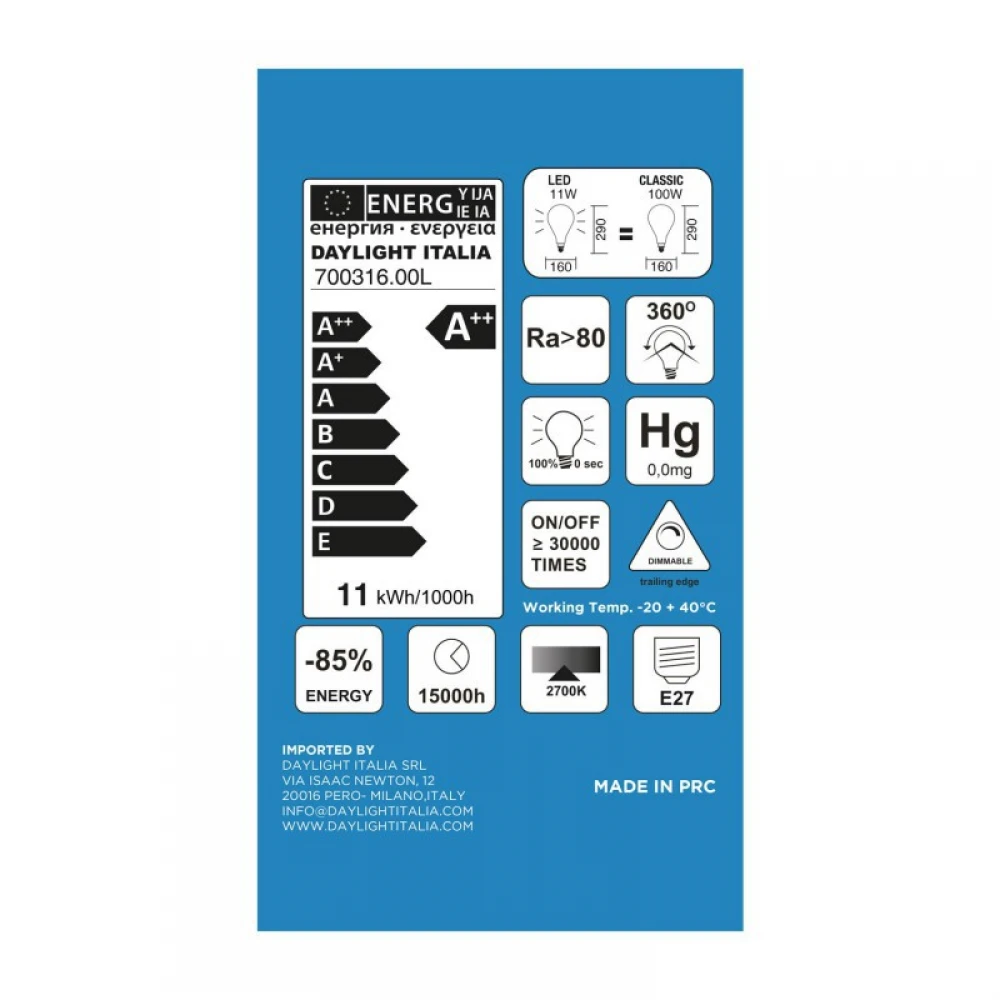 LED Λαμπτήρας Filament Διαφανής XXL A165 Διπλό Ίσιο Νήμα 11W E27 Dimmable 2700K - Creative Cables
