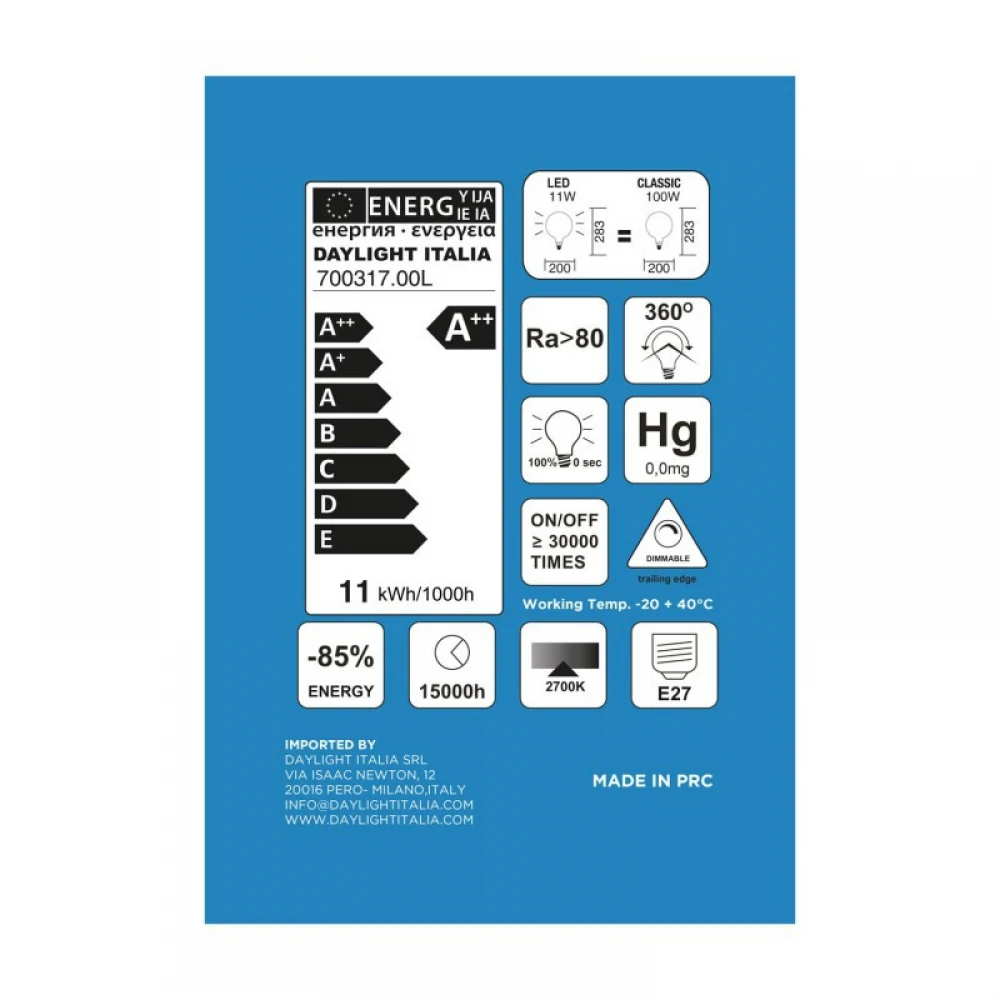 LED Λαμπτήρας Filament Διαφανής XXL Γλόμπος G200 Διπλό Ίσιο Νήμα 11W E27 Dimmable 2700K - Creative Cables