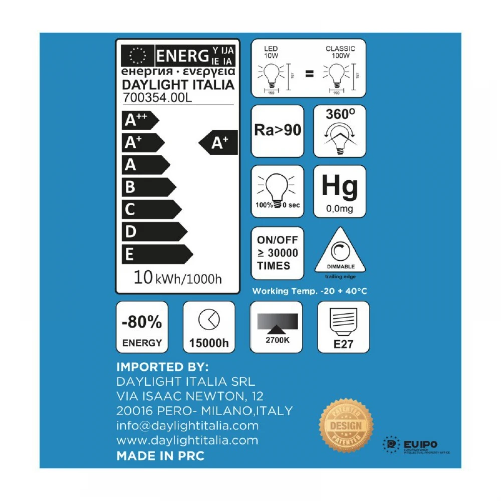 LED Λαμπτήρας D190 σειρά Bellaluce 10W E27 Dimmable 2700K - Creative Cables