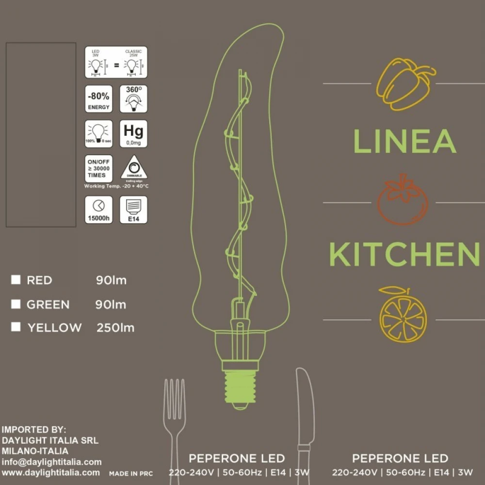 LED Λαμπτήρας Κόκκινη Πιπεριά, σειρά Kitchen, με Σπιράλ Νήμα Filament 3W E14 Dimmable 1000K - Creative Cables