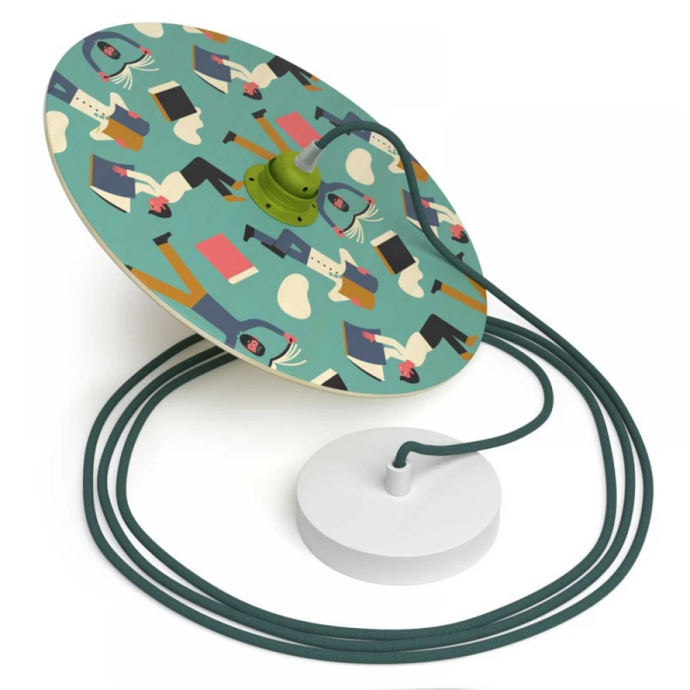 Κρεμαστό Φωτιστικό με Υφασμάτινο Καλώδιο και Ξύλινο Πιάτο UFO Εικονογραφημένο Από Καλλιτέχνες - Διακόσμηση Hikimi - Made in Italy - Creative Cables