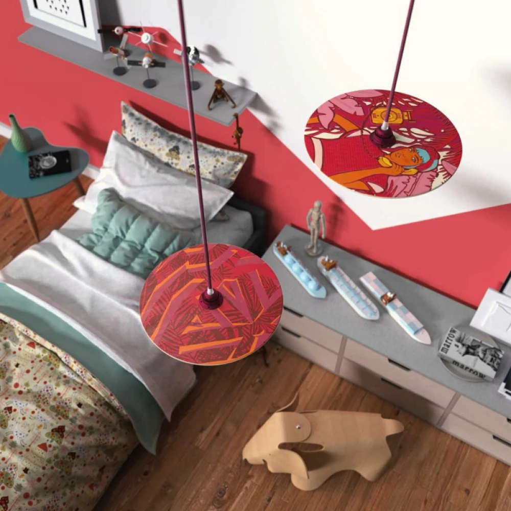 Κρεμαστό Φωτιστικό με Υφασμάτινο Καλώδιο και Ξύλινο Πιάτο UFO Εικονογραφημένο Από Καλλιτέχνες - Διακόσμηση Pistrice - Made in Italy - Creative Cables