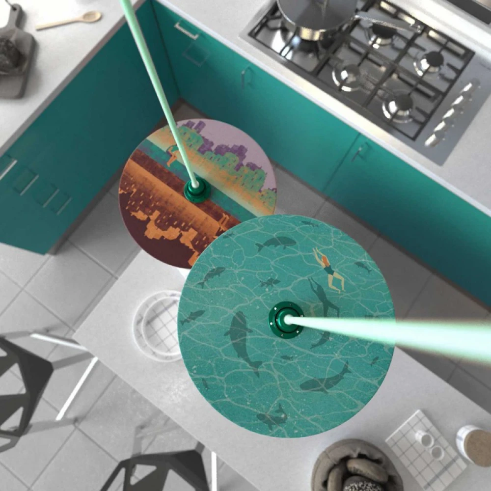 Κρεμαστό Φωτιστικό με Υφασμάτινο Καλώδιο και Ξύλινο Πιάτο UFO Εικονογραφημένο Από Καλλιτέχνες - Διακόσμηση Davide Bonazzi - Made in Italy - Creative Cables