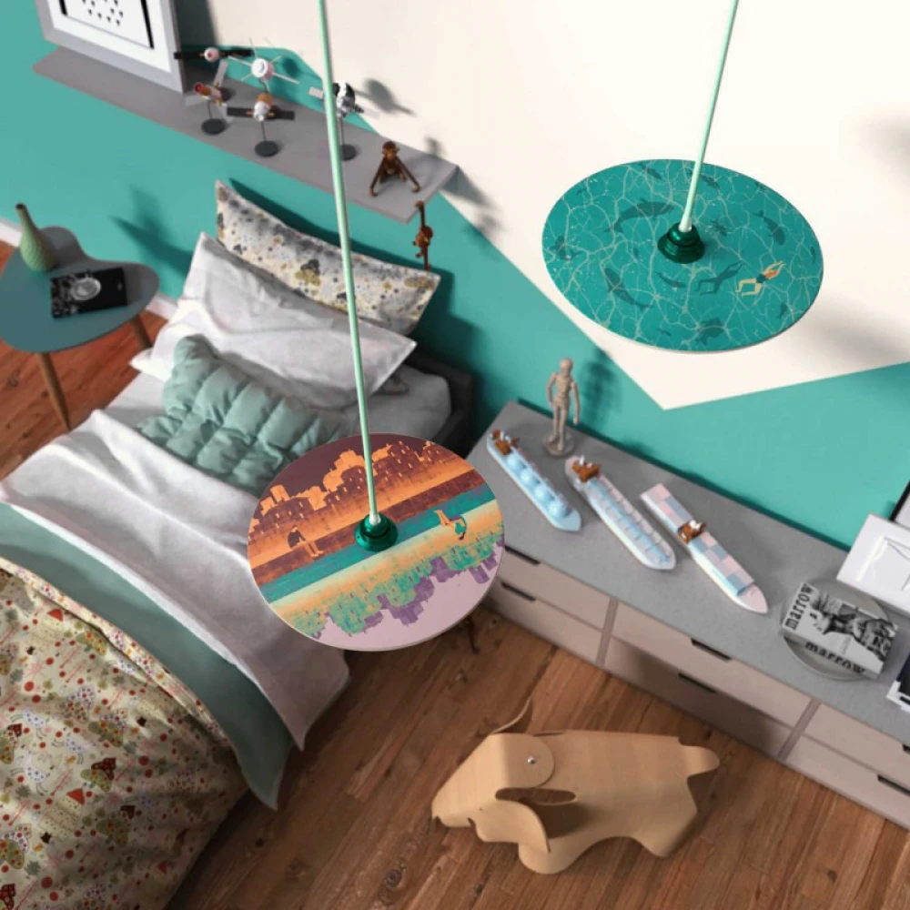 Κρεμαστό Φωτιστικό με Υφασμάτινο Καλώδιο και Ξύλινο Πιάτο UFO Εικονογραφημένο Από Καλλιτέχνες - Διακόσμηση Davide Bonazzi - Made in Italy - Creative Cables