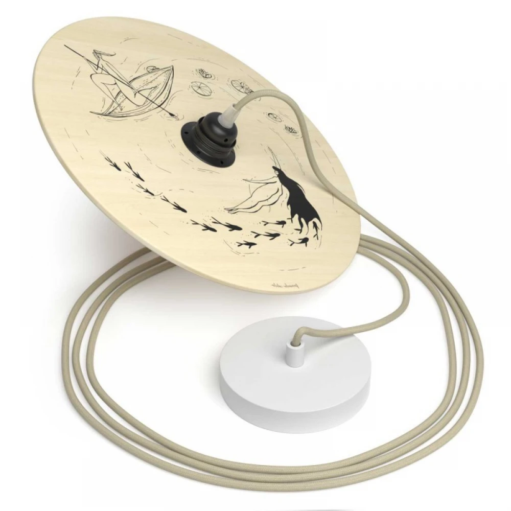 Κρεμαστό Φωτιστικό με Υφασμάτινο Καλώδιο και Ξύλινο Πιάτο UFO Εικονογραφημένο Από Καλλιτέχνες - Διακόσμηση Fernando Cobelo - Made in Italy - Creative Cables