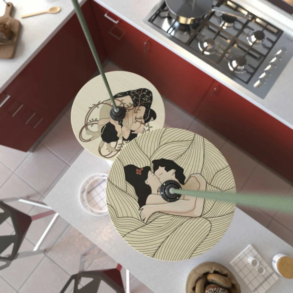 Κρεμαστό Φωτιστικό με Υφασμάτινο Καλώδιο και Ξύλινο Πιάτο UFO Εικονογραφημένο Από Καλλιτέχνες - Διακόσμηση Carolina Zuniga - Made in Italy - Creative Cables