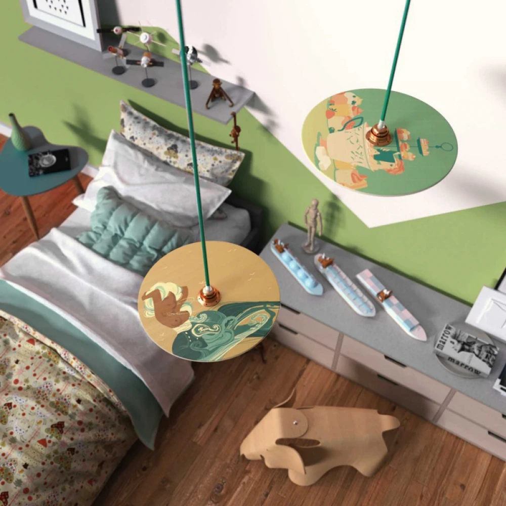 Κρεμαστό Φωτιστικό με Υφασμάτινο Καλώδιο και Ξύλινο Πιάτο UFO Εικονογραφημένο Από Καλλιτέχνες - Διακόσμηση Giulia Quagli - Made in Italy - Creative Cables