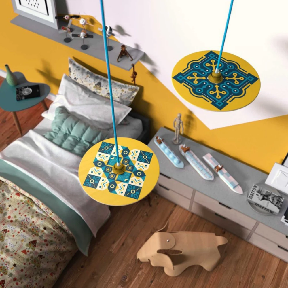 Κρεμαστό Φωτιστικό με Υφασμάτινο Καλώδιο και Ξύλινο Πιάτο UFO Εικονογραφημένο Από Καλλιτέχνες - Διακόσμηση ODD - Made in Italy - Creative Cables