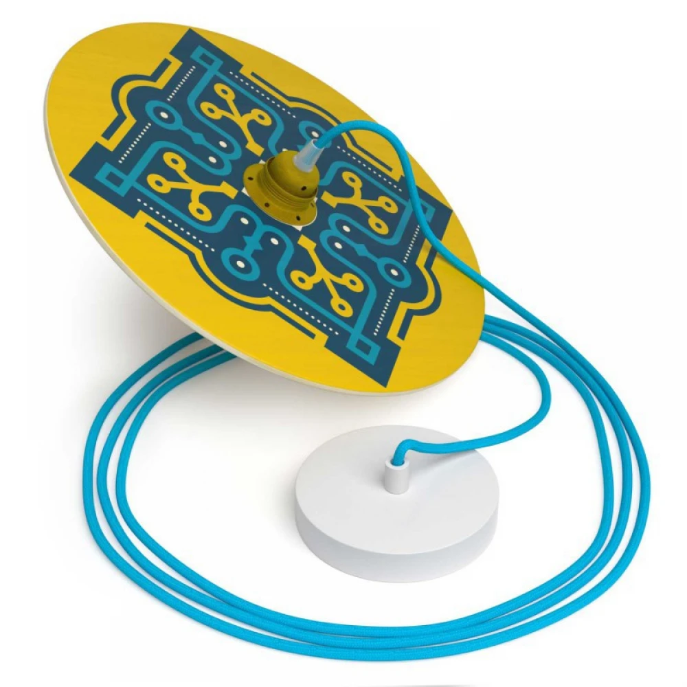 Κρεμαστό Φωτιστικό με Υφασμάτινο Καλώδιο και Ξύλινο Πιάτο UFO Εικονογραφημένο Από Καλλιτέχνες - Διακόσμηση ODD - Made in Italy - Creative Cables