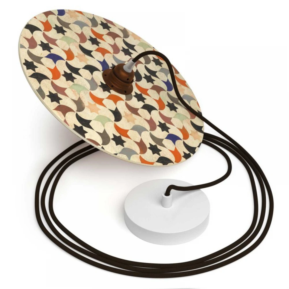 Κρεμαστό Φωτιστικό με Υφασμάτινο Καλώδιο και Ξύλινο Πιάτο UFO Εικονογραφημένο Από Καλλιτέχνες - Διακόσμηση Marika Marconcini - Made in Italy - Creative Cables