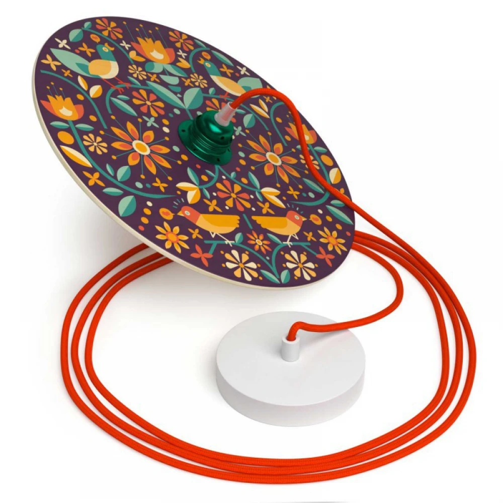 Κρεμαστό Φωτιστικό με Υφασμάτινο Καλώδιο και Ξύλινο Πιάτο UFO Εικονογραφημένο Από Καλλιτέχνες - Διακόσμηση Francesco Poroli - Made in Italy - Creative Cables