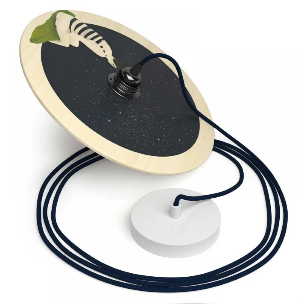 Κρεμαστό Φωτιστικό με Υφασμάτινο Καλώδιο και Ξύλινο Πιάτο UFO Εικονογραφημένο Από Καλλιτέχνες - Διακόσμηση Chiara Fucà - Made in Italy - Creative Cables