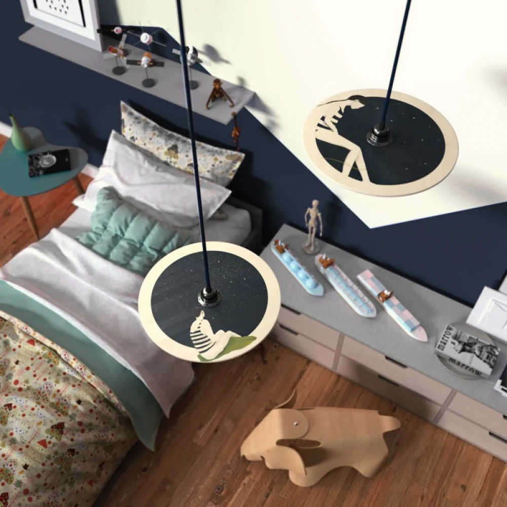 Κρεμαστό Φωτιστικό με Υφασμάτινο Καλώδιο και Ξύλινο Πιάτο UFO Εικονογραφημένο Από Καλλιτέχνες - Διακόσμηση Chiara Fucà - Made in Italy - Creative Cables