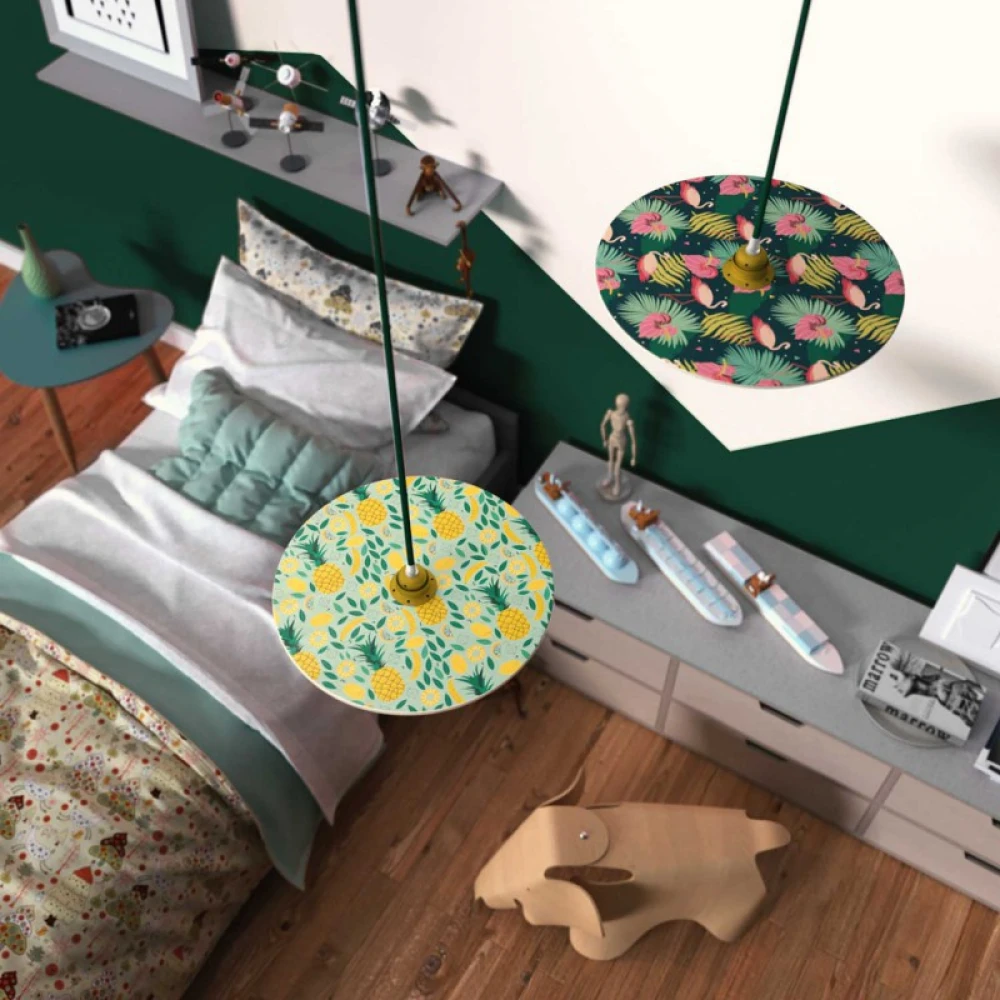 Κρεμαστό Φωτιστικό με Υφασμάτινο Καλώδιο και Ξύλινο Πιάτο UFO Εικονογραφημένο Από Καλλιτέχνες - Διακόσμηση Annachiara Zaminato - Made in Italy - Creative Cables