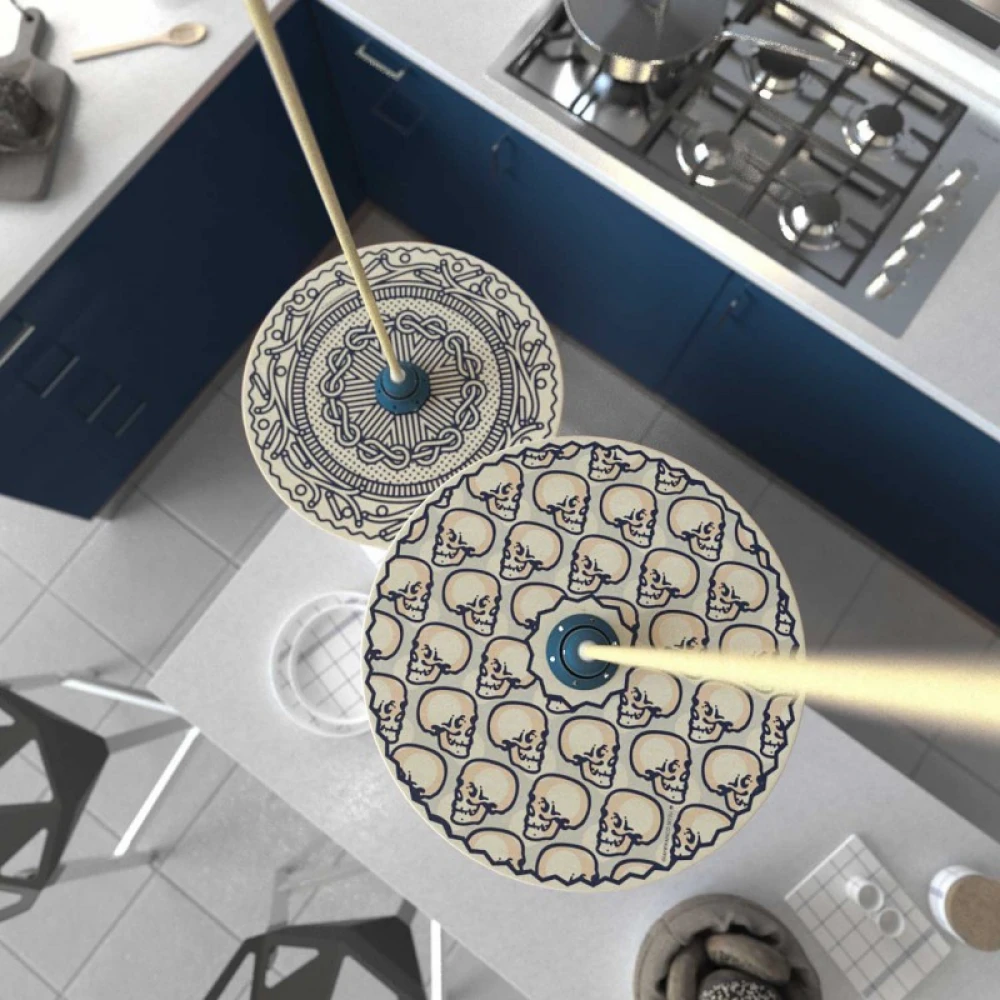 Κρεμαστό Φωτιστικό με Υφασμάτινο Καλώδιο και Ξύλινο Πιάτο UFO Εικονογραφημένο Από Καλλιτέχνες - Διακόσμηση Gianfranco Setzu - Made in Italy - Creative Cables