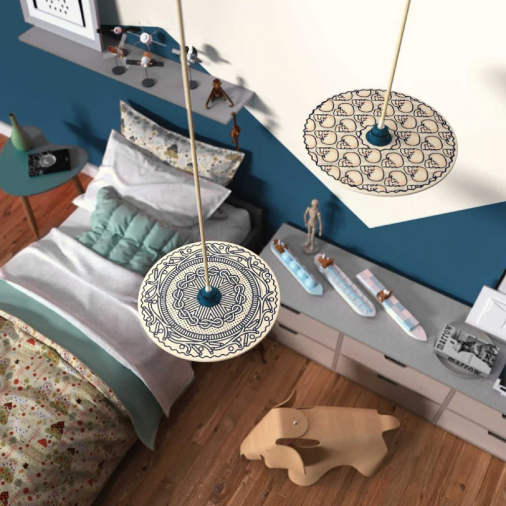 Κρεμαστό Φωτιστικό με Υφασμάτινο Καλώδιο και Ξύλινο Πιάτο UFO Εικονογραφημένο Από Καλλιτέχνες - Διακόσμηση Gianfranco Setzu - Made in Italy - Creative Cables