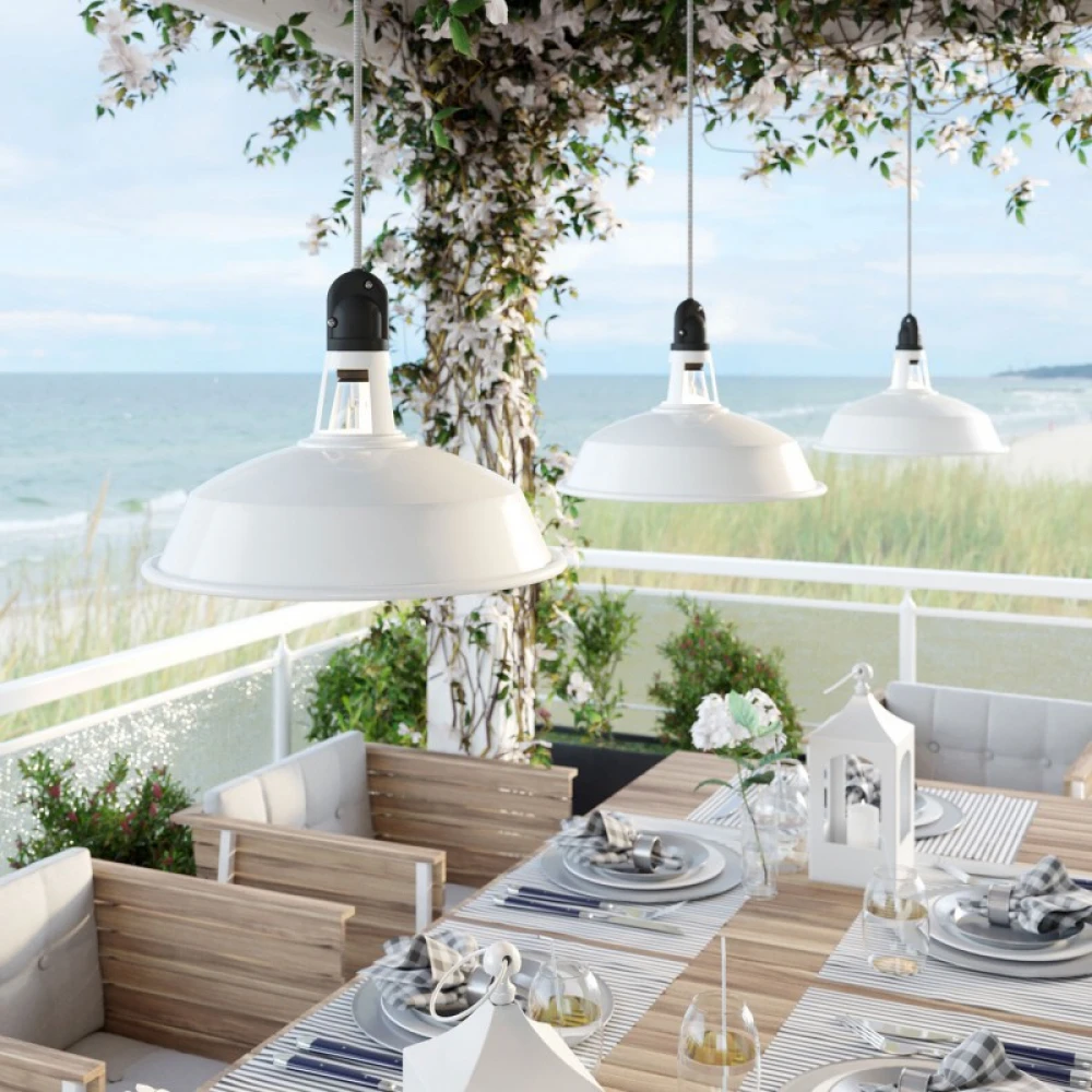 Κρεμαστό Φωτιστικό Εξωτερικού Χώρου EIVA με Λευκό Καπέλο, 5m Υφασμάτινο Καλώδιο, Ροζέτα, Στήριγμα Καλωδίου και Στεγανό Ντουί IP65 - Creative Cables