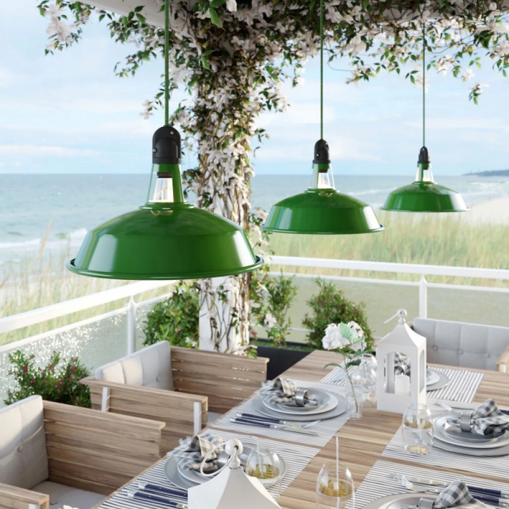 Κρεμαστό Φωτιστικό Εξωτερικού Χώρου EIVA με Πράσινο Καπέλο, 5m Υφασμάτινο Καλώδιο, Ροζέτα, Στήριγμα Καλωδίου και Στεγανό Ντουί IP65 - Creative Cables