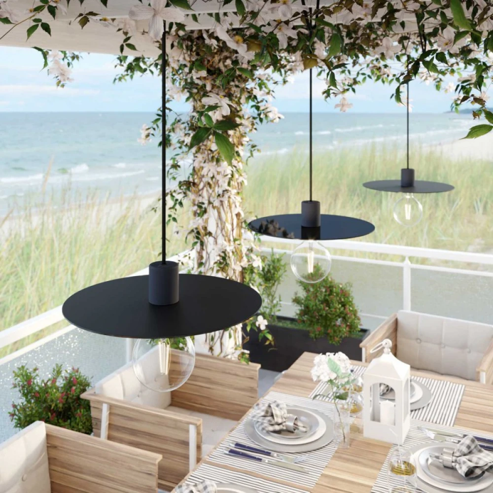 Μινιμαλ Κρεμαστό Φωτιστικό EIVA με 5μ Υφασμάτινο Καλώδιο, Ellepi Μαύρο Καπέλο, Ροζέτα και Ντουί Σιλικόνης IP65 Αντοχής Σε Νερό - Creative Cables